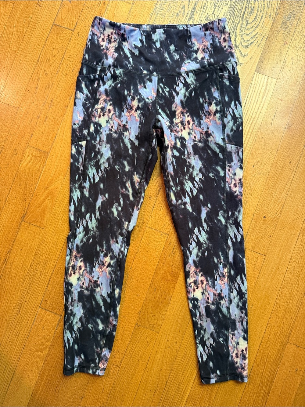 RBX Black Leggings with Pastel Multicolor Abstract Print